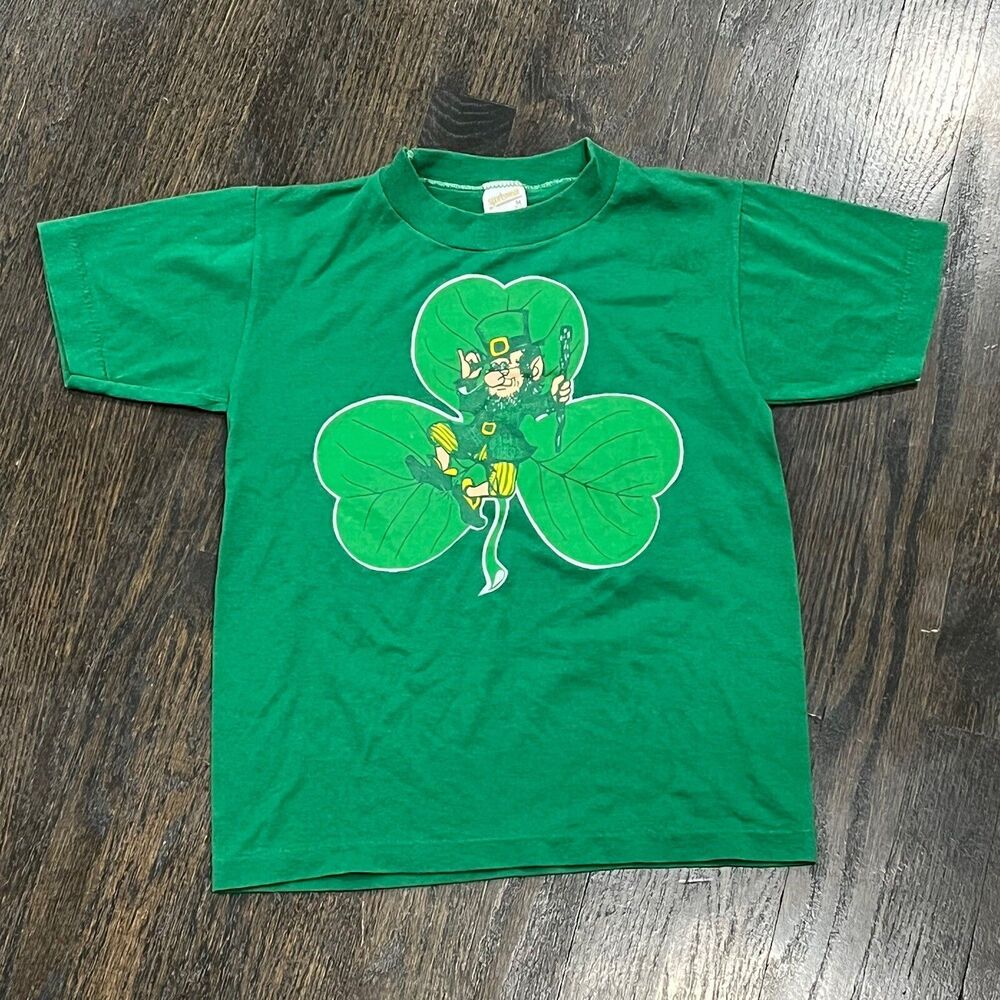 Vintage‎ St Patrick’s Day T Shirt Youth 10-12 Green Leprechaun Clover USA Tee